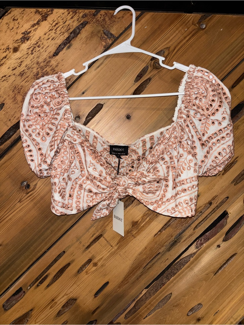 Bardot White & Pink Embroidered Eyelet Tie-Front Crop Top